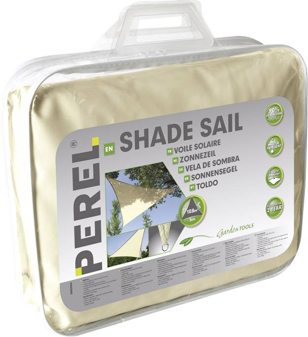 Verpackung eines Sonnensegels von Perel. Es bietet 90% UV-Schutz und ist in verschiedenen Sprachen beschrieben. Größe: 10 m².
