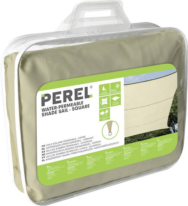 Ein beige Quadrat-Sonnensegel in durchsichtiger Verpackung, etikettiert mit 'PEREL' und Piktogrammen, die wasserdurchlässig und schattenspendend darstellen.