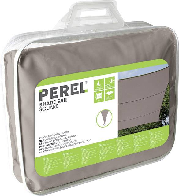 Quadratisches Sonnensegel 'Shade Sail' von Perel, abgebildet in Verpackung. Etikett zeigt Materialeigenschaften und Abmessungen.