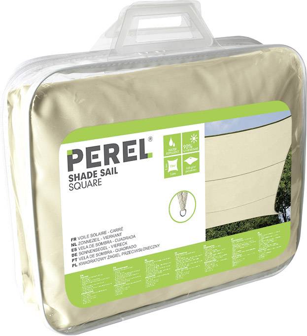 Verpackung mit quadratischem Sonnensegel von Perel. Beige Farbe, Schattierender Stoff, Schutz vor UV-Strahlen. Ideal für den Außenbereich.