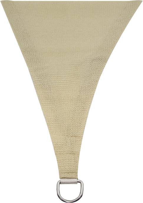 Dreieckiges Sonnensegel in Beige mit Metallschlaufe am Ende zur Befestigung. Eignet sich zum Schutz vor Sonne im Außenbereich.
