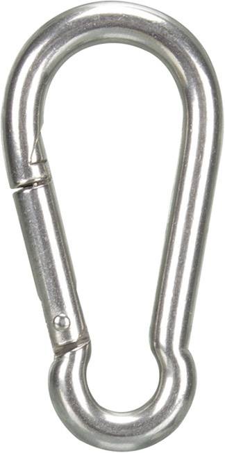 Ein silberner Metallkarabiner mit ovaler Form und einem Federmechanismus, der geöffnet und geschlossen werden kann.