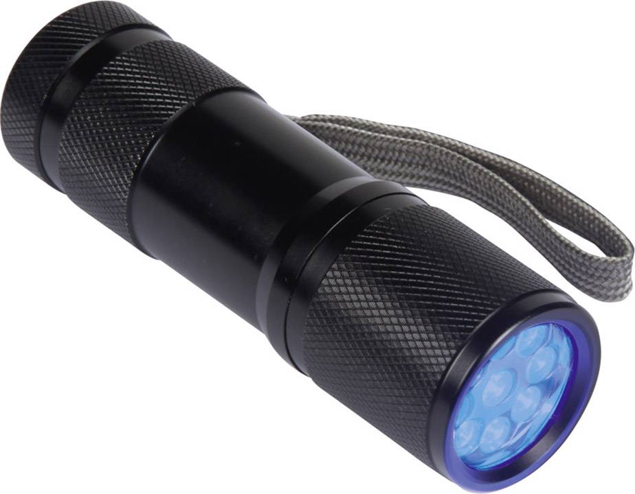 Schwarze Taschenlampe mit grauer Handschlaufe und blau leuchtendem Licht.