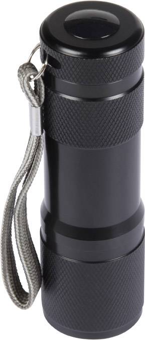 Kleine schwarze Taschenlampe mit Handschlaufe, zylindrische Form, kompaktes Design. Ideal für unterwegs oder Notfälle.