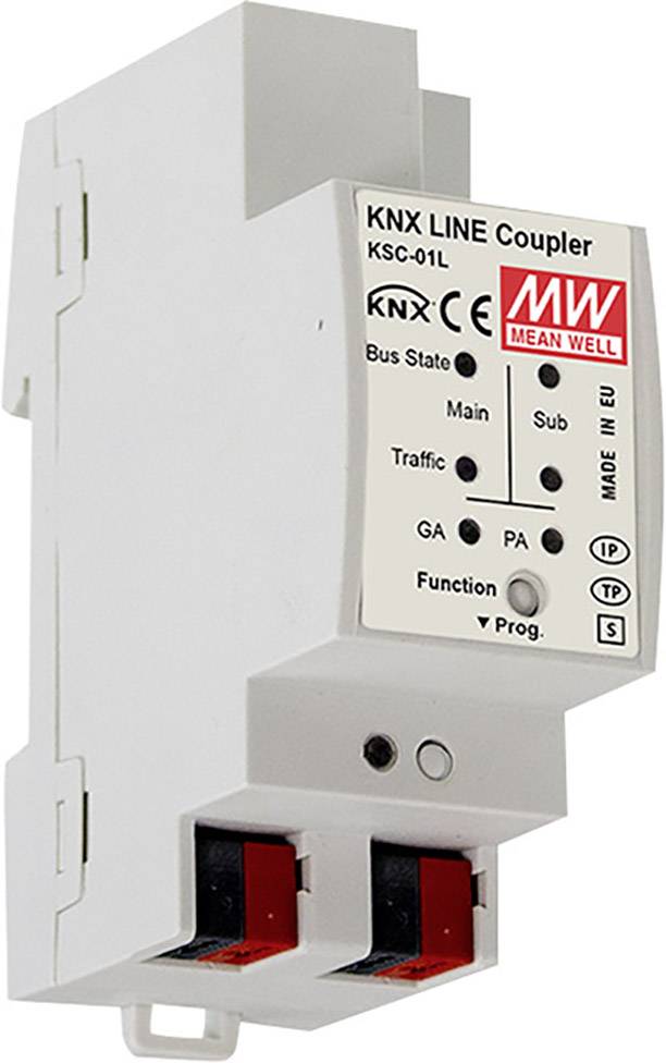 Ein weißer KNX-Linienkoppler mit Anschlüssen und LED-Statusanzeigen. Aufschrift: 'Mean Well' und CE-Zertifizierung. Geeignet für Bussysteme.