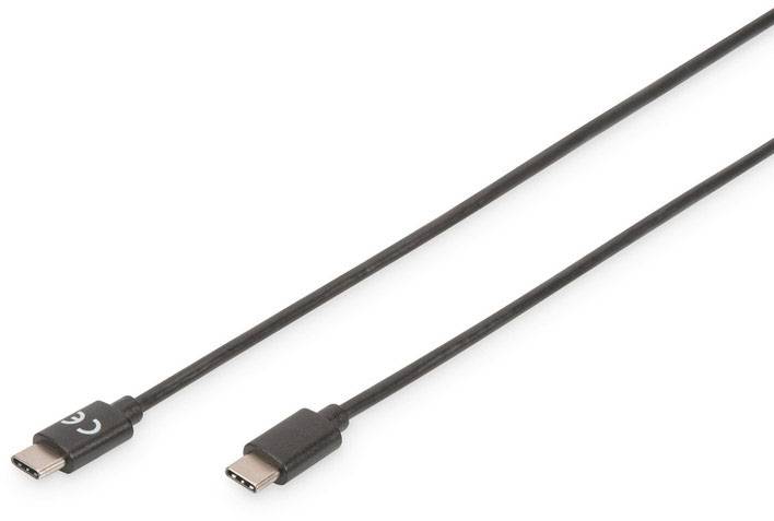 Schwarzes USB-C-Kabel mit zwei Steckern, einer links und einer rechts, auf weißem Hintergrund.