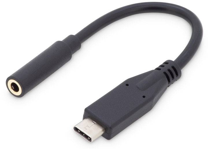 Adapter mit USB-C-Stecker und 3,5 mm Kopfhörerbuchse zur Verbindung von Geräten mit unterschiedlichen Anschlussarten.