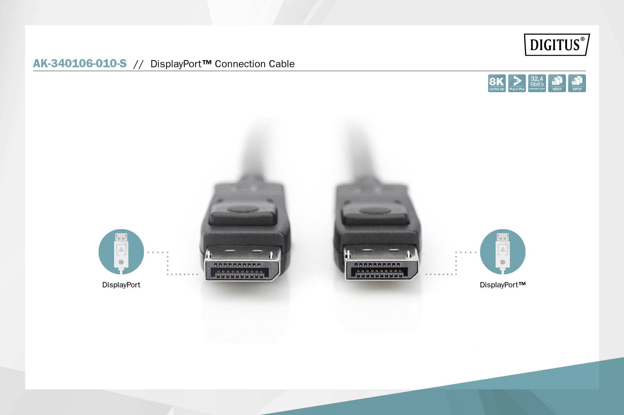 Digitus DisplayPort Anschlusskabel DisplayPort Stecker 1.00m Schwarz AK-340106-010-S DisplayPort-Kabel