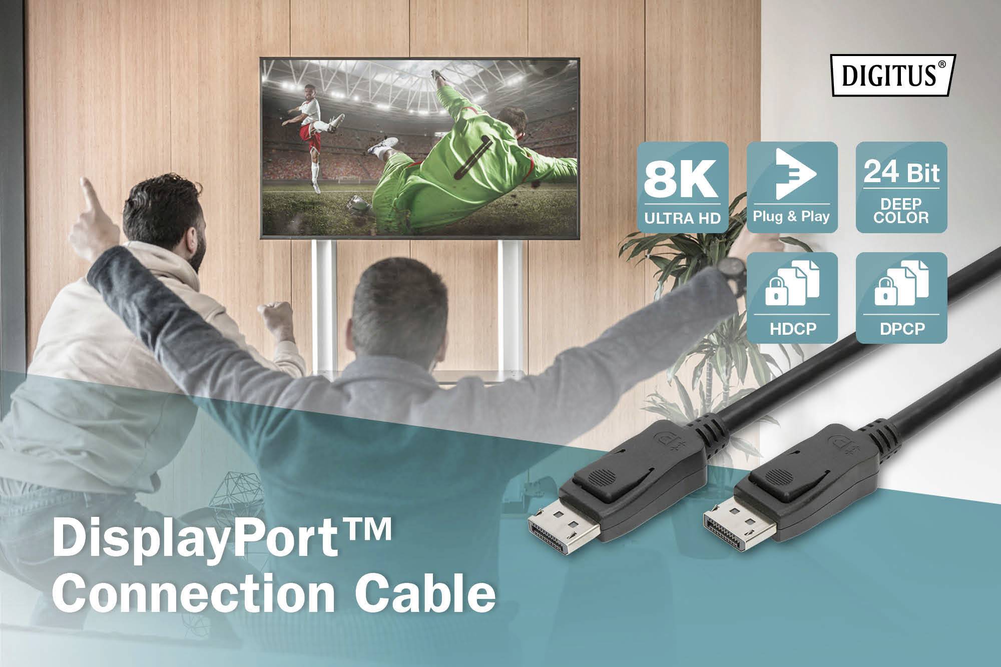 Zwei Männer jubeln vor einem Fernseher mit Fußballspiel in 8K-Auflösung. Anzeige für DisplayPort-Kabel mit 8K, Plug & Play, 24 Bit Farbe.
