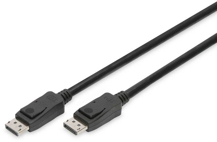 Zwei schwarze DisplayPort-Kabel nebeneinander auf weißem Hintergrund.