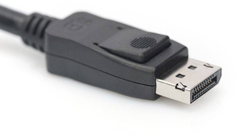 Close-up eines DisplayPort-Steckers mit schwarzem Kabel, geeignet für die Übertragung von Video- und Audiosignalen zwischen Geräten.