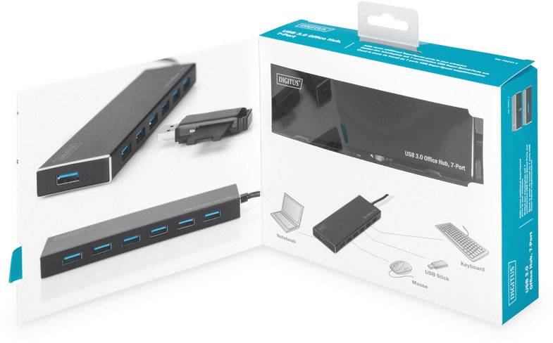 Verpackung eines USB 3.0 7-Port-Hubs mit Abbildungen des Produkts und Anschlussbeispiele für Notebook, Maus und Tastatur.
