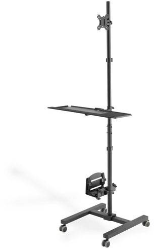 Ein mobiler, höhenverstellbarer TV-Wagen mit einem Regal, Halterung, und Rollen für einfache Bewegung. Geeignet für Fernseher oder Monitore.