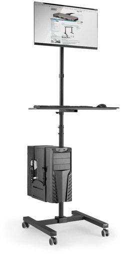 Ein mobiler, höhenverstellbarer Computertisch auf Rollen mit Monitor, Tastaturablage und Computergehäuse, geeignet für flexibles Arbeiten.