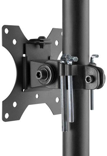 Metallische TV- oder Monitorhalterung, seitlich an einer vertikalen Stange befestigt. Mit Schrauben zur Justierung.