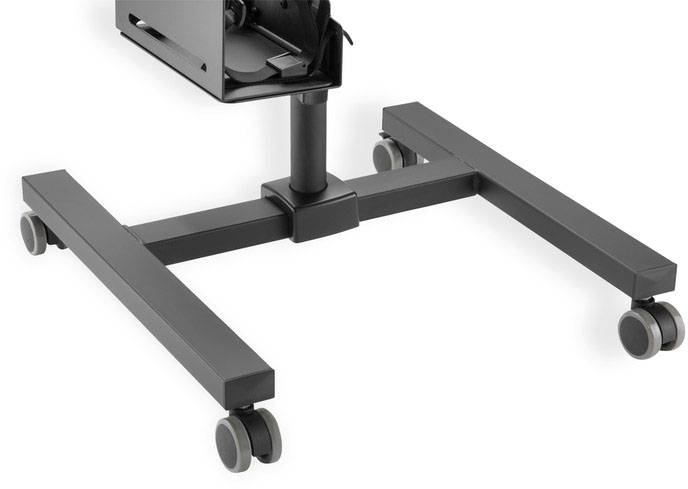 Ein stabiler, schwarzer Rollwagen mit vier Rädern, geeignet zum Transport oder zur Unterstützung von Geräten. Ideal im Büro oder zu Hause.