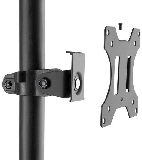 Schwarze Monitorhalterung mit verstellbarem Arm, montiert an einer vertikalen Stange, neben einer abnehmbaren VESA-Platte.
