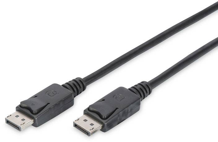 Zwei DisplayPort-Kabel mit schwarzen Steckern, die für den Anschluss von Computern an Monitore oder andere Anzeigegeräte verwendet werden.