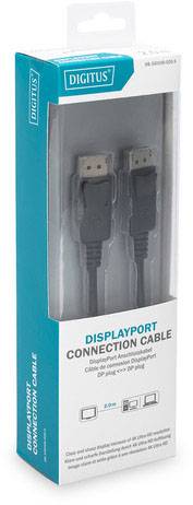 'DisplayPort Connection Cable' in Verpackung. Zeigt zwei DisplayPort-Stecker. Verpackung beschreibt Anwendung für Monitore oder Projektoren.