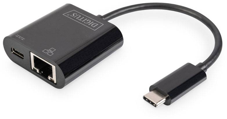 Ein schwarzer Adapter mit einem USB-C-Anschluss, einem Ethernet-Port und einem USB-Anschluss, geeignet für die Verbindung von Geräten.