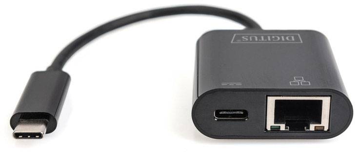 Digitus USB-C®, RJ45 Adapter [1x USB-C® Stecker - 1x RJ45-Buchse, USB-C® Buchse] DN-3027 inkl. RJ45-Buchse, mit Ladebuchse, mit