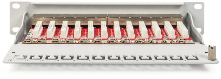 Netzwerk-Patchpanel mit zwölf Anschlüssen, geöffnete Front, zeigt eingebettete Elektronik mit roten Platinen.
