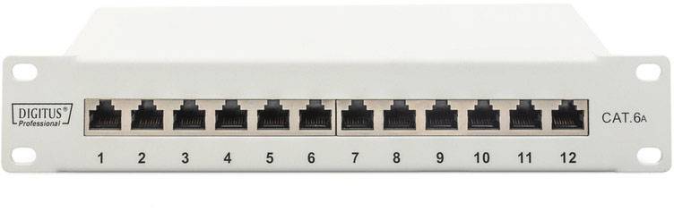 Ein weißes Patchpanel mit zwölf nummerierten Ethernet-Ports, beschriftet als 'DIGITUS Professional CAT.6A'.