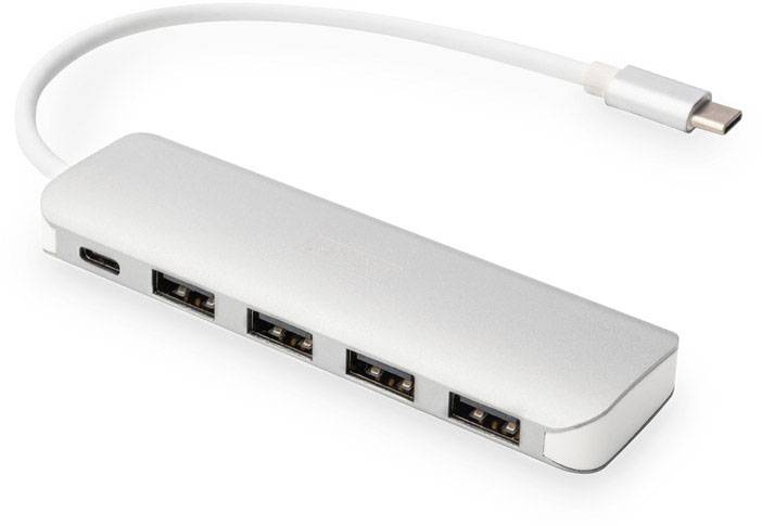 USB-Hub mit vier USB-Anschlüssen und einem USB-C-Kabel. Silbernes Design, ermöglicht Anschluss mehrerer Geräte an einen Computer.