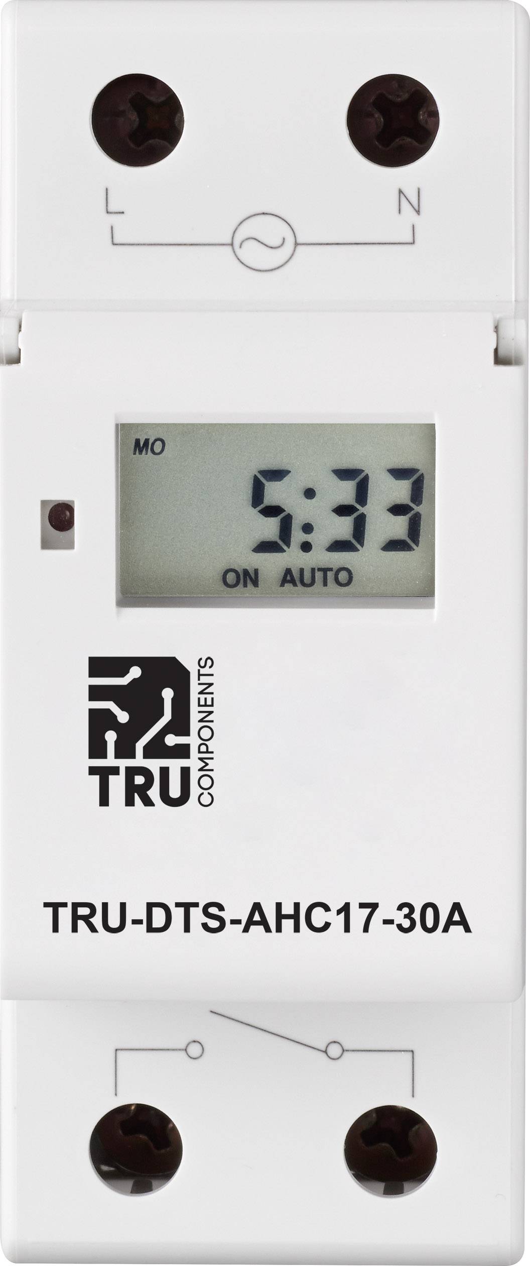 Digitaler Zeitschaltuhr mit Display zeigt '5:33 ON AUTO', Marke TRU COMPONENTS, Modell TRU-DTS-AHC17-30A, für automatische Steuerung.