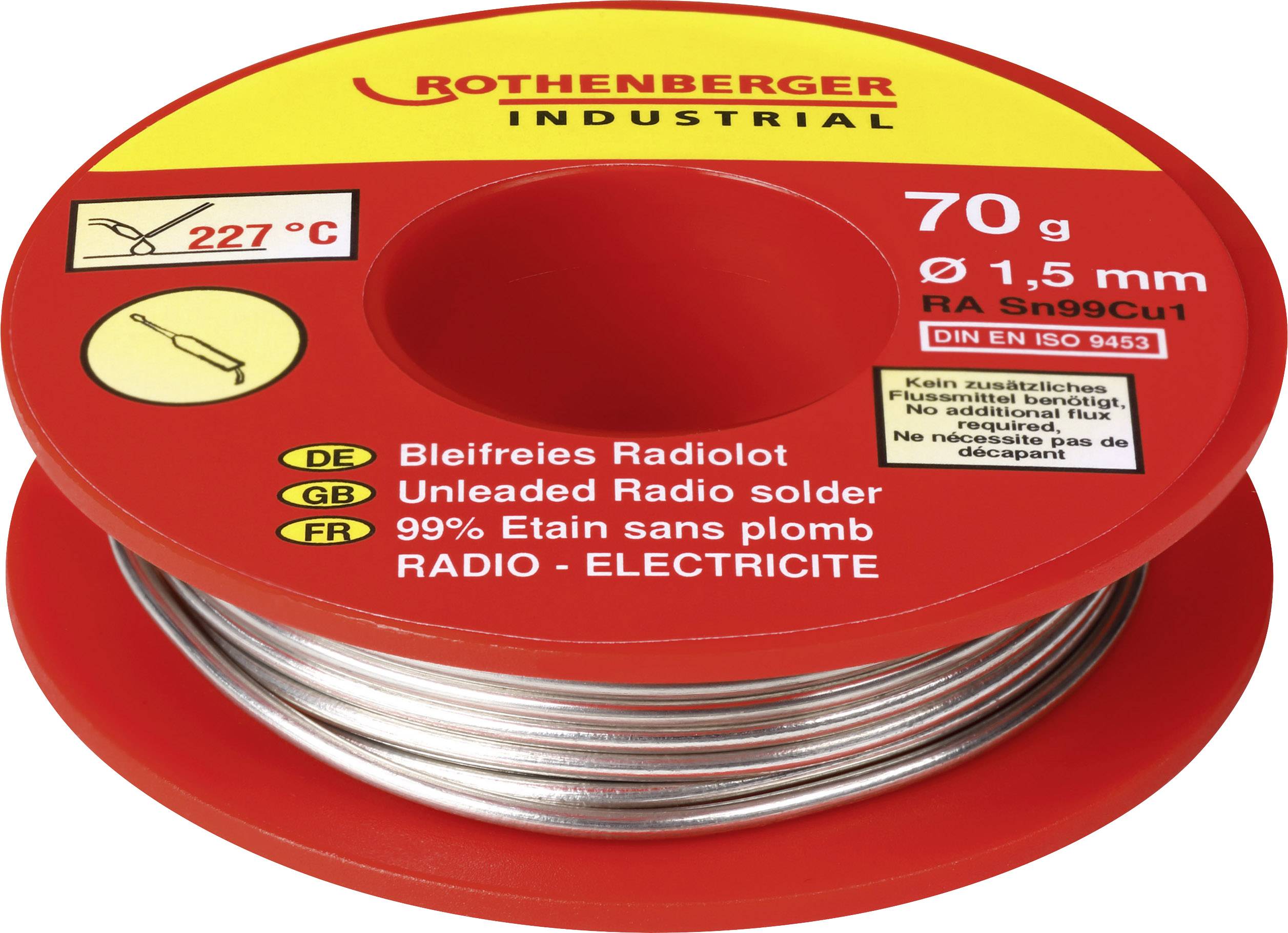 'Rothernberger Industrial' Lötzinnspule, 70 g, 1,5 mm Durchmesser, 227 °C Schmelzpunkt, bleifrei, geeignet für Radio-Elektrizität.