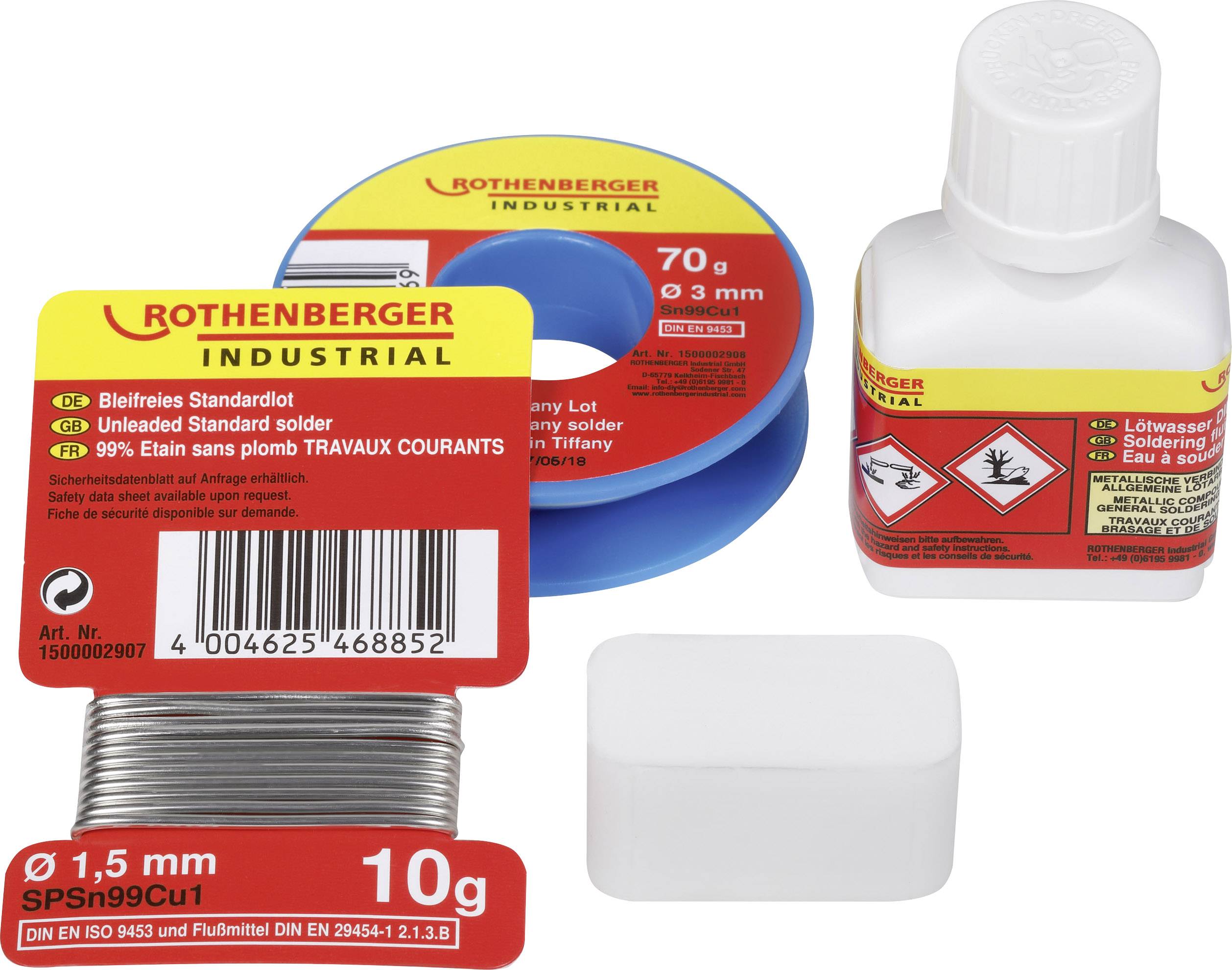 'Rothenberger'-Markenlötmittelset mit Lötzinn, Flussmittel und Lotdraht. Geeignet für bleifreies Löten bei Standardanwendungen.