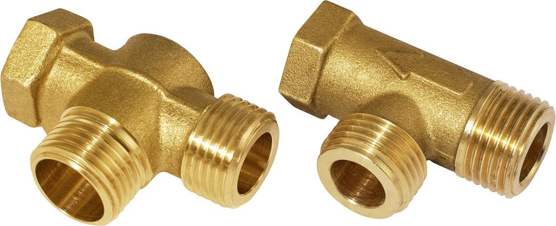 Zwei messingfarbene Rohrverbinder mit unterschiedlichen Winkeln, die für hydraulische Installationen verwendet werden.