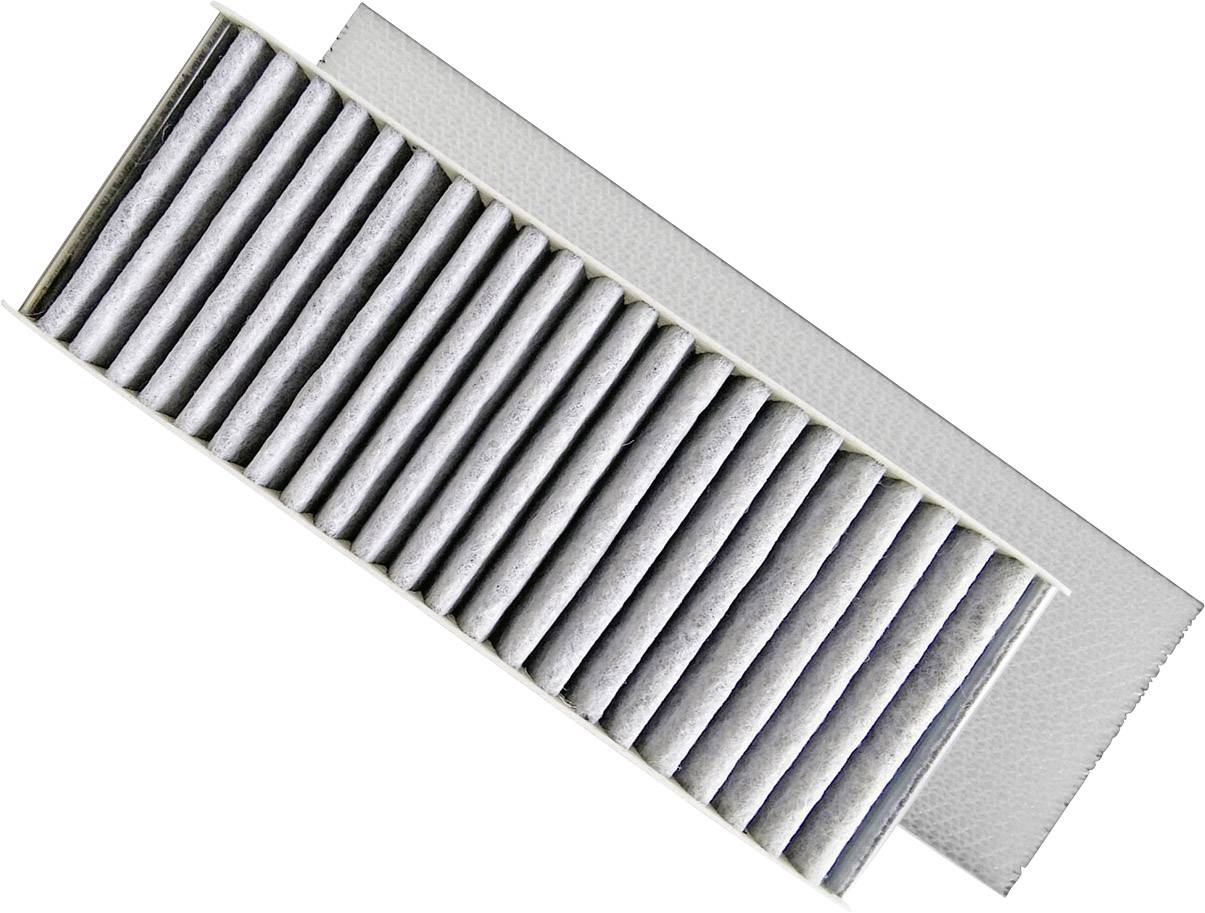 Ein rechteckiger Luftfilter mit grauen, parallel verlaufenden Lamellen auf weißem Hintergrund.