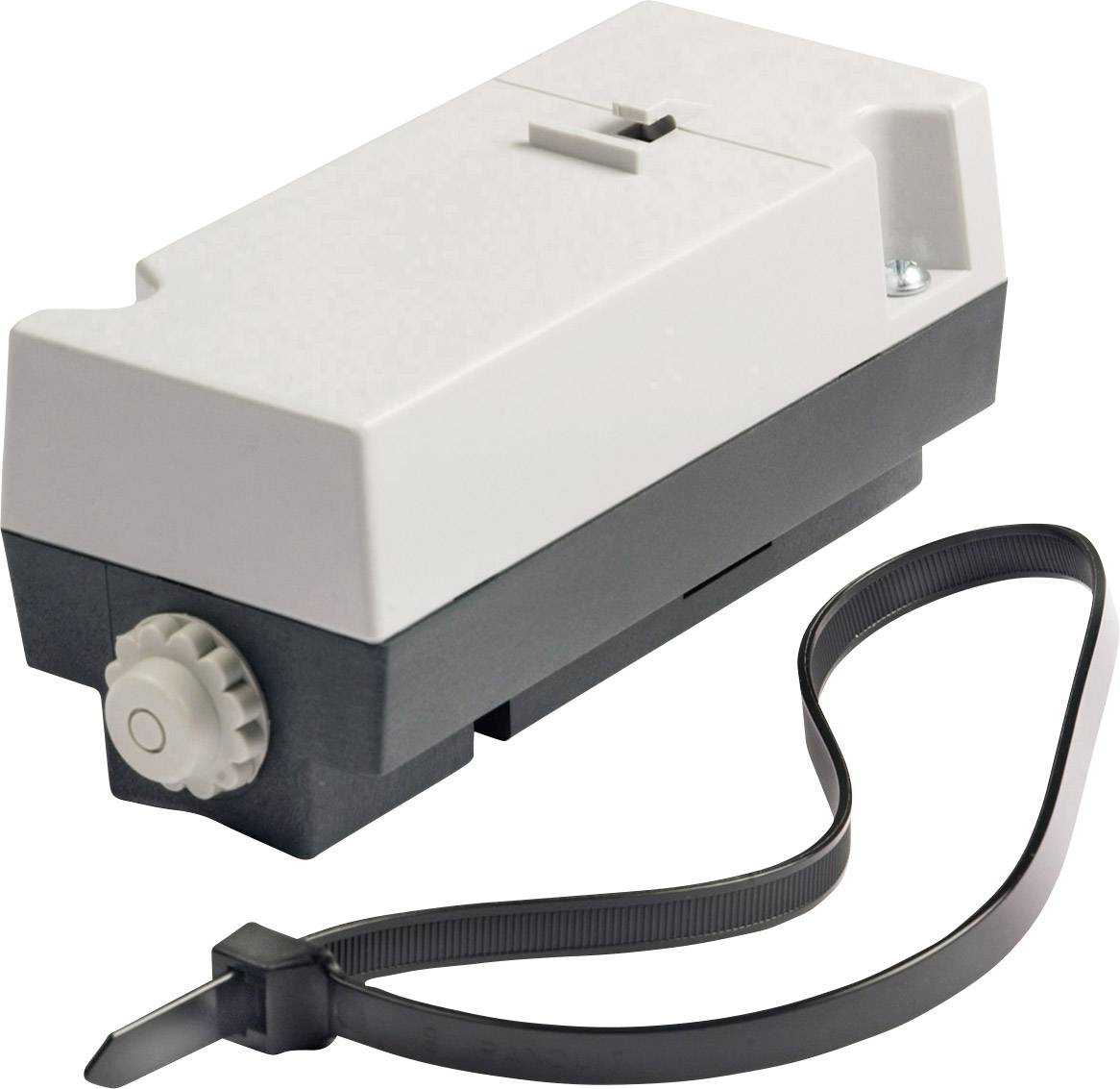 Ein elektrischer Kettenspann-Antrieb in rechteckiger Form mit einem Zahnrad an der Seite und einer angehängten Sicherheitskette.