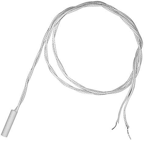 Ein weißer Temperatursensor mit einem langen geflochtenen Kabel und freiliegenden Drähten am Ende.