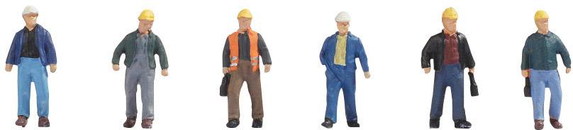 Sechs Miniaturfiguren in Arbeitskleidung und Helmen stehen in einer Reihe. Jede Figur trägt eine andere Kombination von Farben.