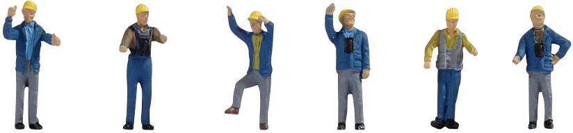 Sechs Spielzeugfiguren von Bauarbeitern in blauer und gelber Arbeitskleidung, jeweils mit gelbem Helm, in verschiedenen Posen.