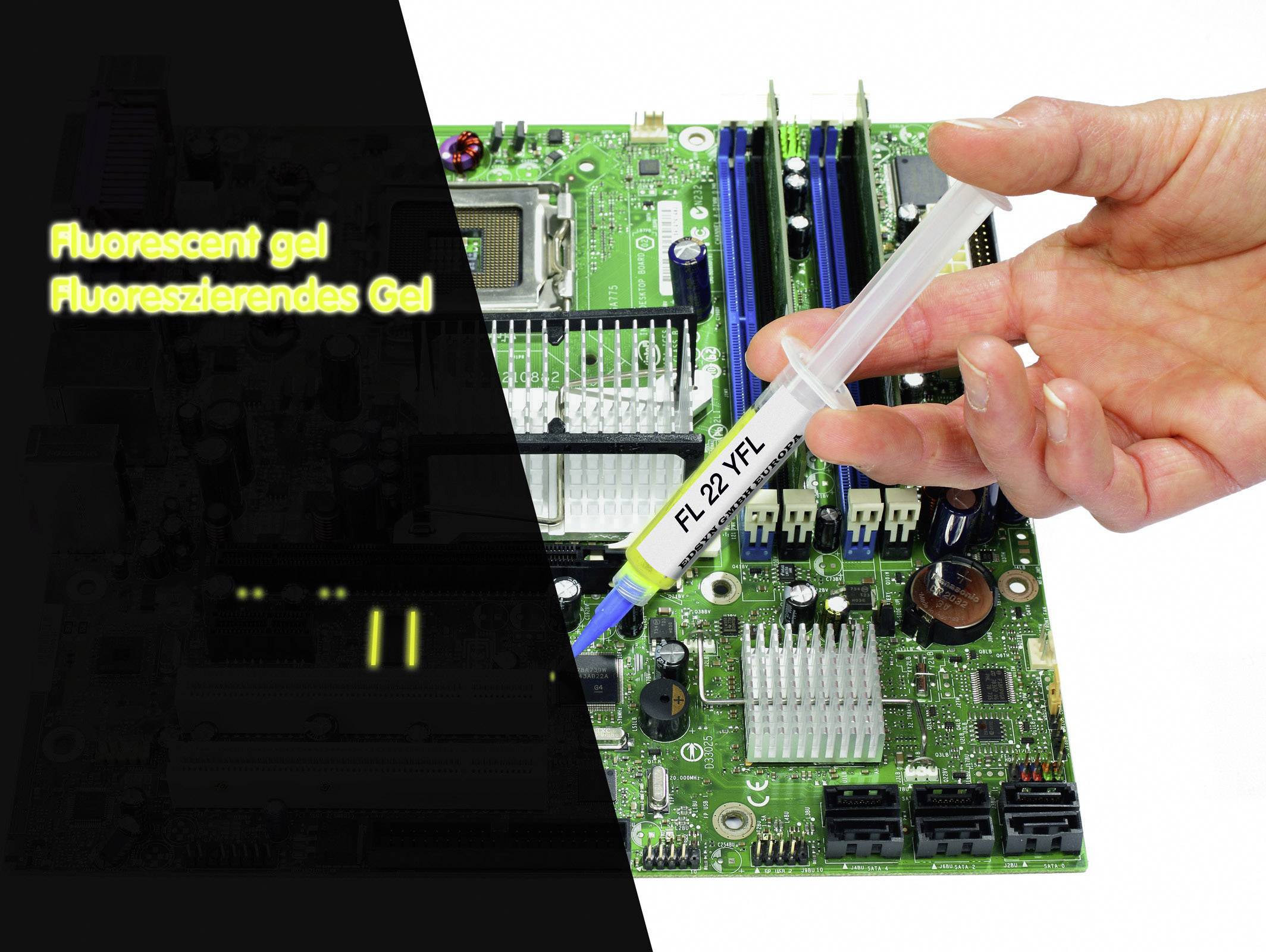 Hand trägt fluoreszierendes Gel auf eine grüne Leiterplatte auf. Links Text 'Fluoreszierendes Gel'.
