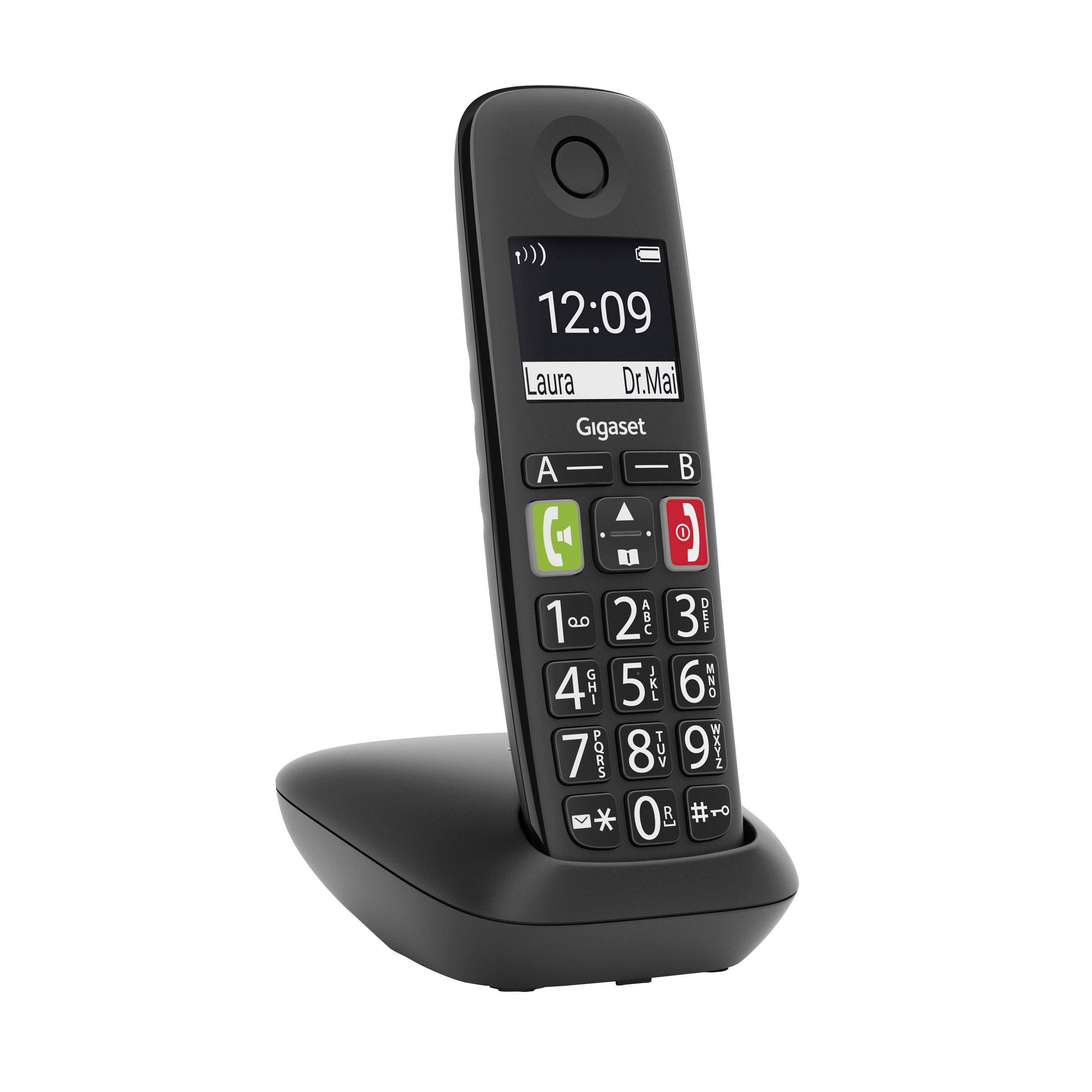 Gigaset E290 DECT/GAP Schnurloses Telefon analog für Hörgeräte kompatibel, Freisprechen, Babyphone Schwarz