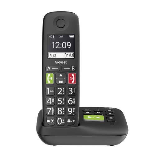 Gigaset E290A DECT/GAP Schnurloses Telefon analog für Hörgeräte kompatibel, Anrufbeantworter, Freisprechen, Babyphone Schwarz