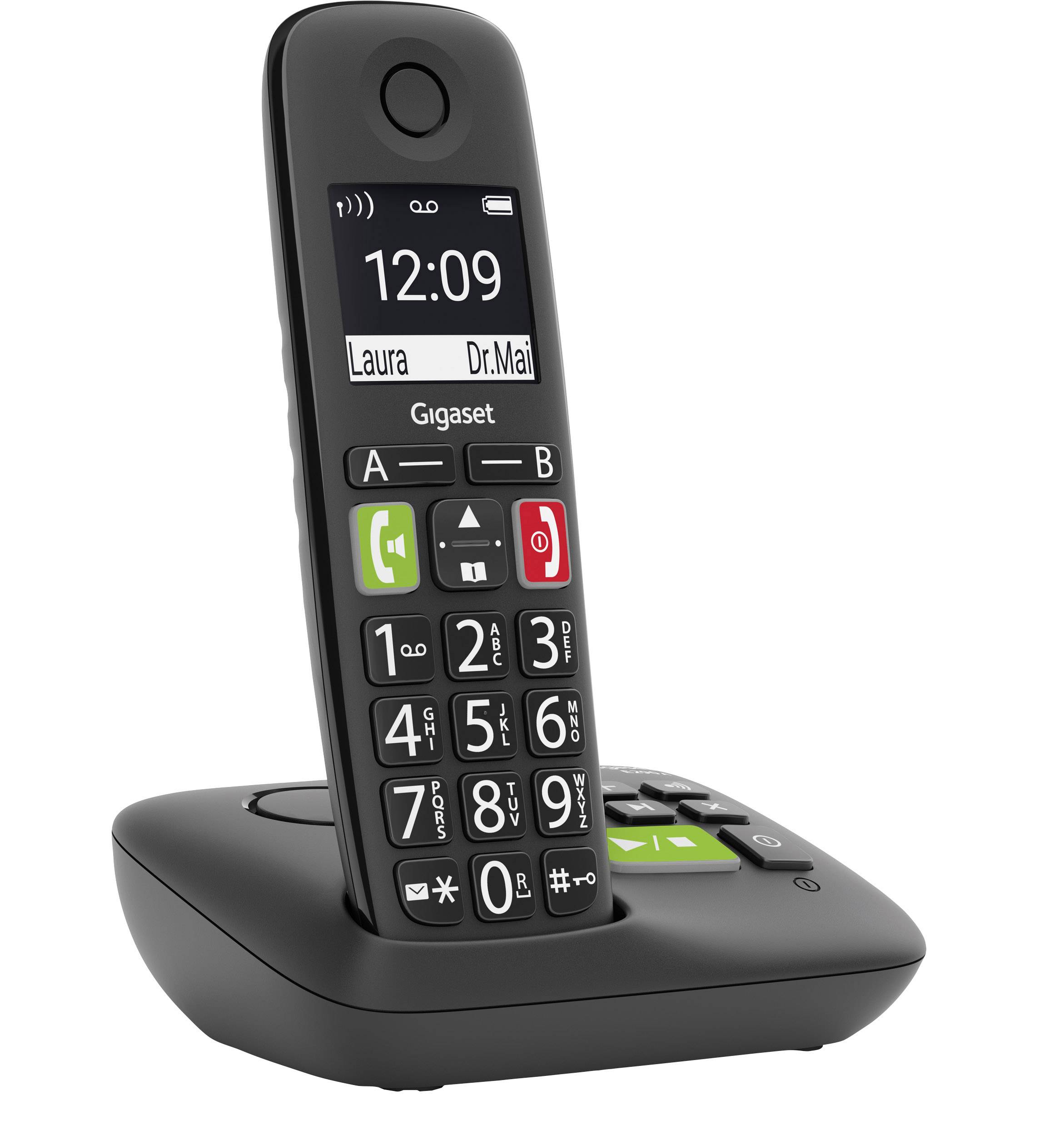 Gigaset E290A DECT/GAP Schnurloses Telefon analog für Hörgeräte kompatibel, Anrufbeantworter, Freisprechen, Babyphone Schwarz