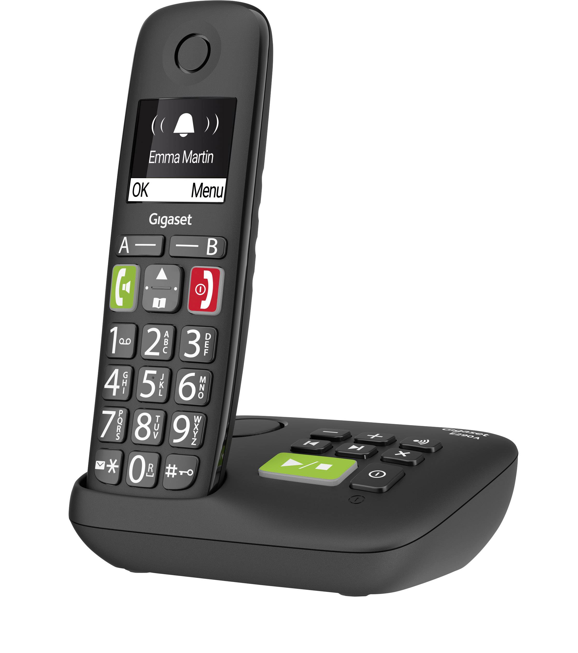 Gigaset E290A DECT/GAP Schnurloses Telefon analog für Hörgeräte kompatibel, Anrufbeantworter, Freisprechen, Babyphone Schwarz