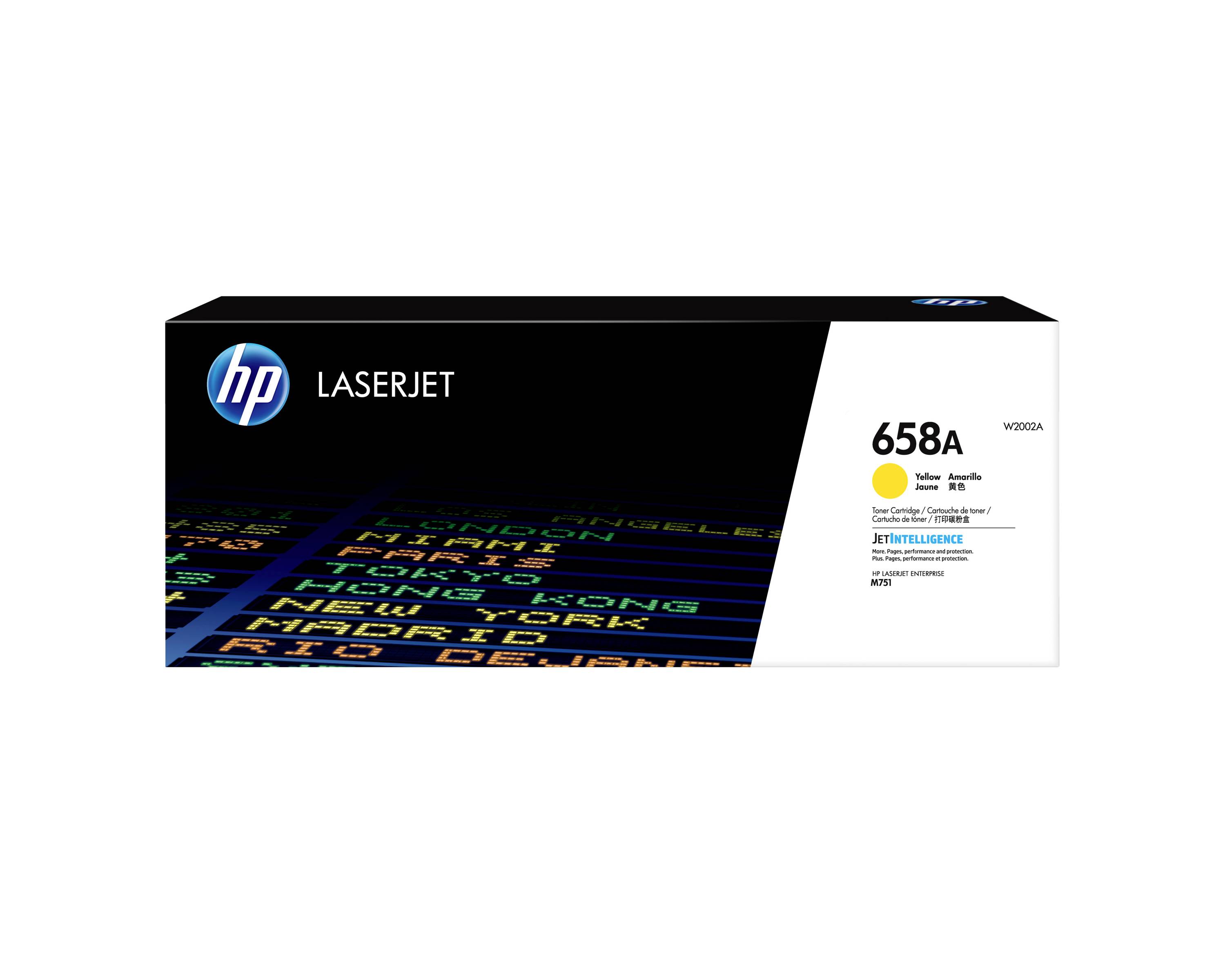 HP LaserJet 658A Tonerpatrone Verpackungsbox, Schwarz-Weiß mit Farbtonerindikator.