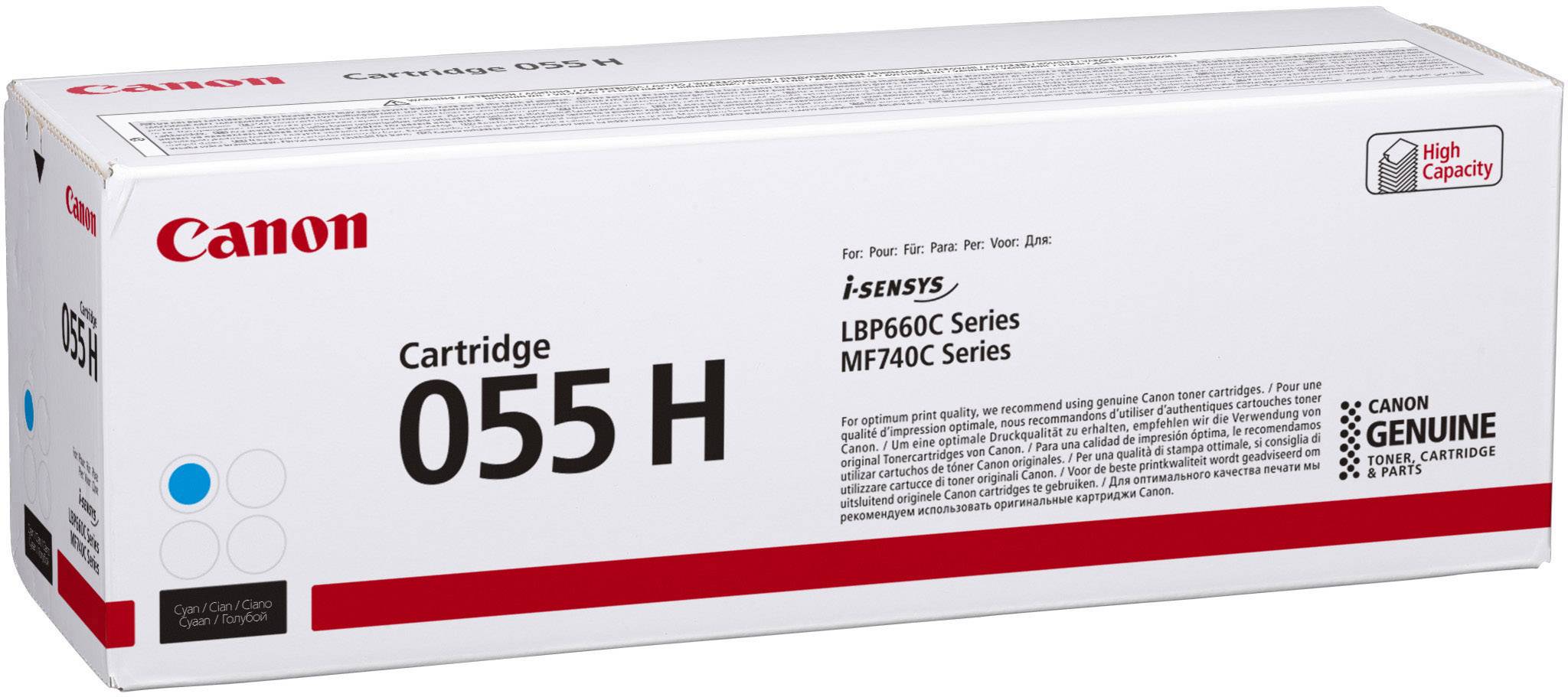 Kartusche Canon 055 H, geeignet für die Drucker der Serien i-SENSYS LBP660C und MF740C. Hervorgehoben: hohe Kapazität.