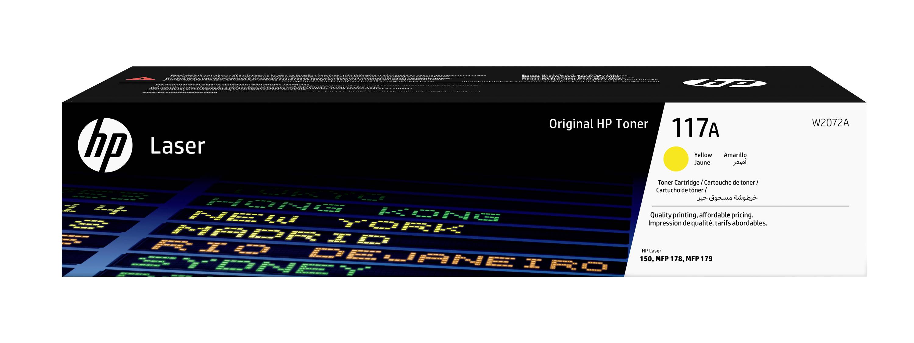HP Laser Original HP Toner-Kartusche, 117A, schwarz, dargestellt in Produktverpackung mit Farbmustergrafikund Modell W2072A.