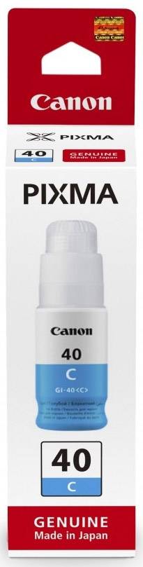 Eine Canon PIXMA Cyan-Tintenflasche, Modell 40, in einer roten und blauen Verpackung mit dem Hinweis 'Genuine Made in Japan'.