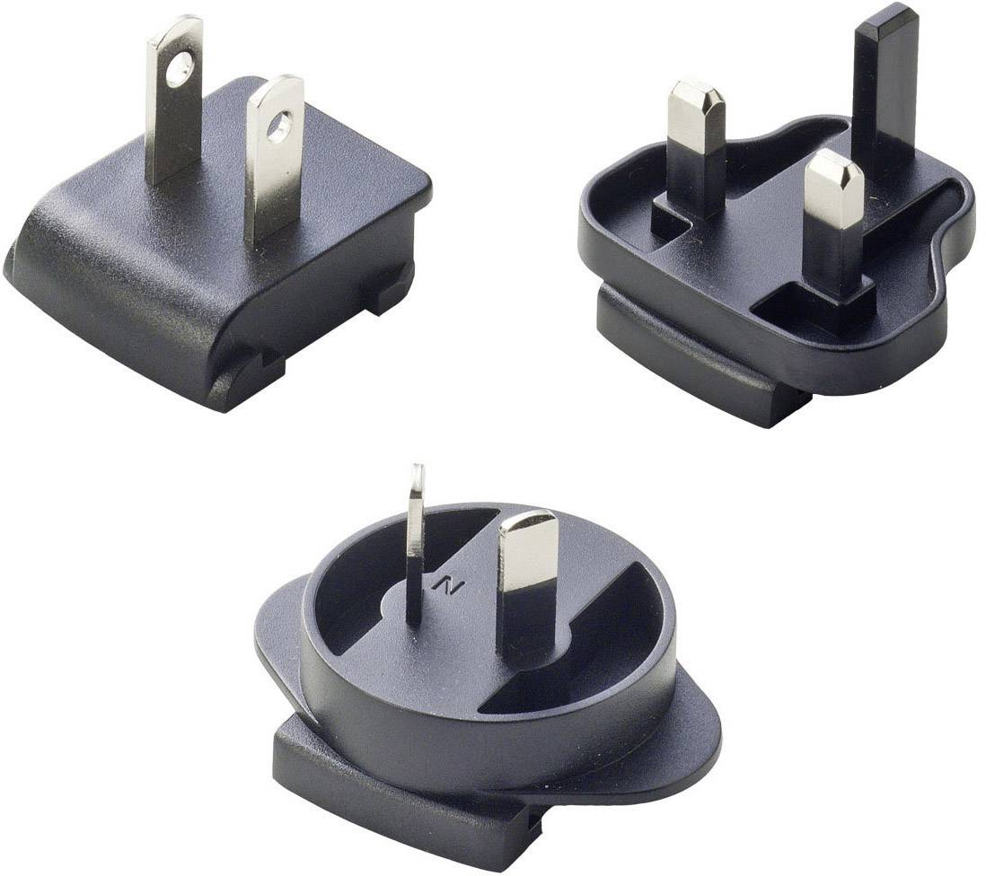 Drei schwarze Adapterstecker für verschiedene Steckdosentypen, jeweils mit unterschiedlichen Stiftanordnungen.