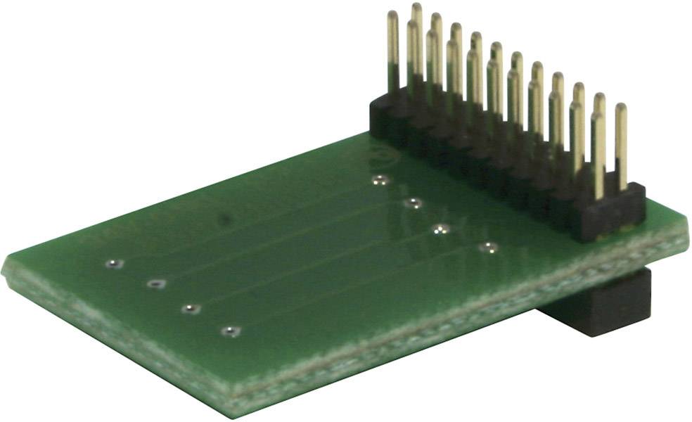 Grüne elektronische Leiterplatte mit schwarzen und goldenen Stiften auf der Oberseite, zur Verbindung von elektronischen Bauteilen.