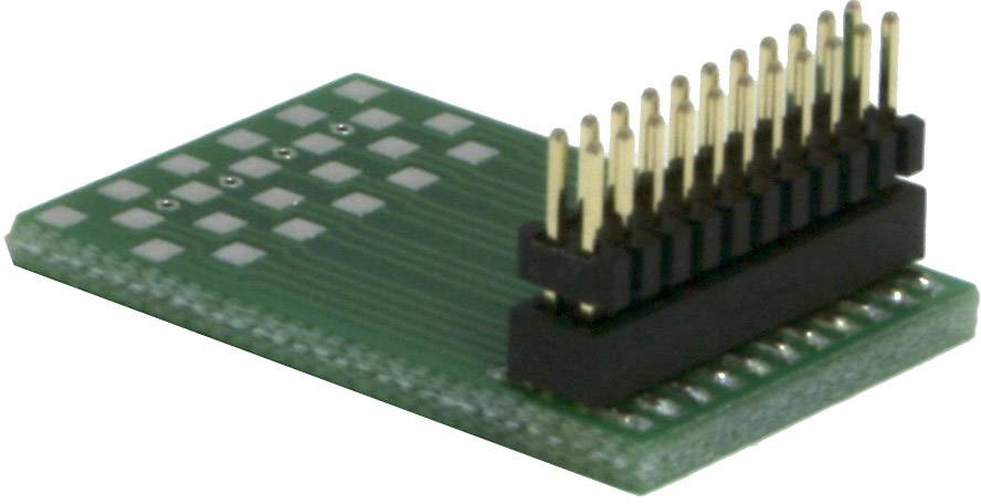 Eine grüne Leiterplatte mit goldenen Pins, möglicherweise ein elektronisches Modul oder Adapter, auf weißem Hintergrund.