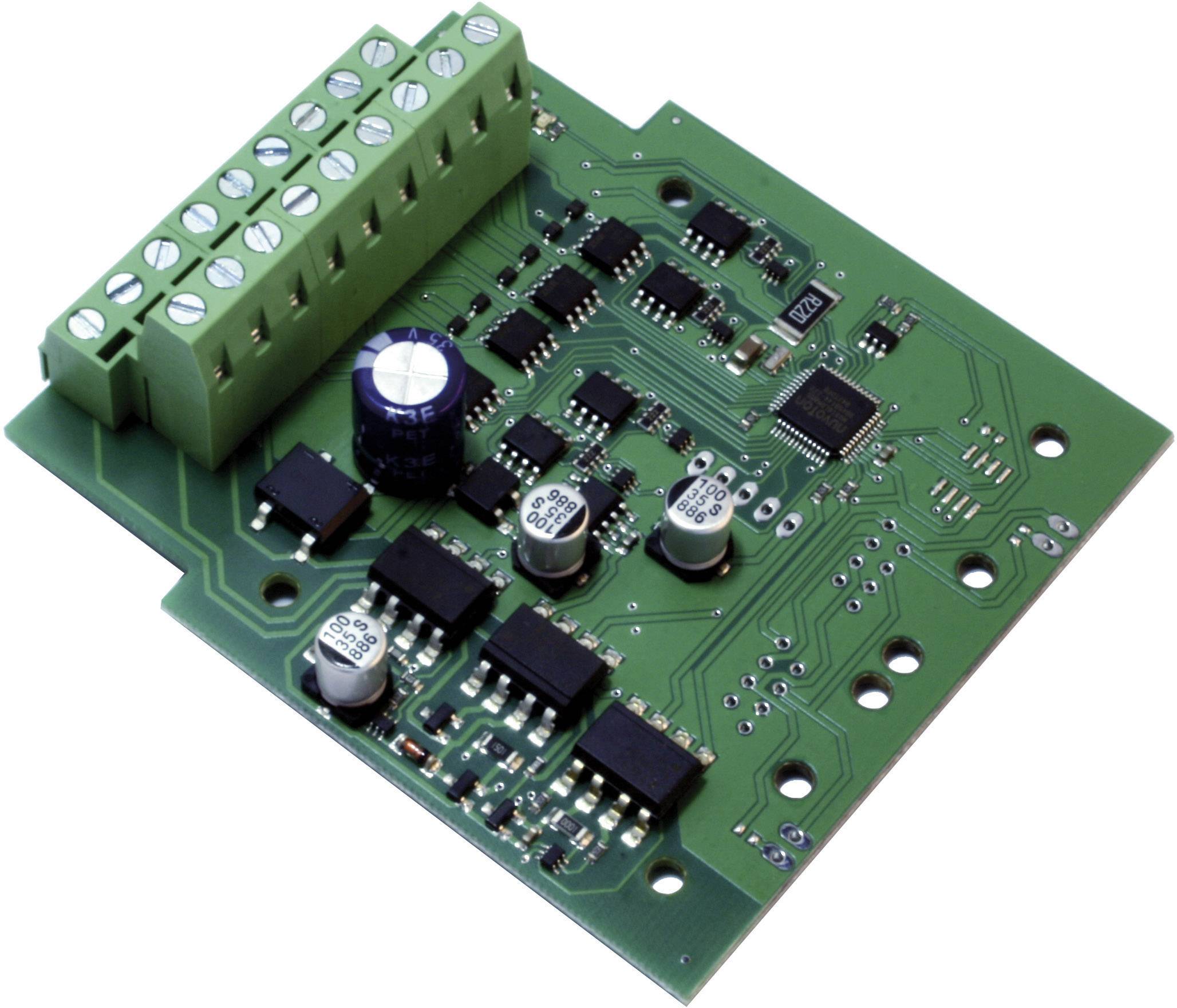 Grüne Leiterplatte mit zahlreichen Widerständen, Kondensatoren und elektronischen Bauteilen. Oberseite zeigt Verbindungen und Schaltkreise.